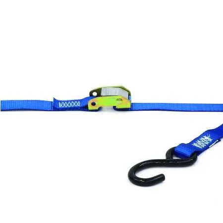 Two blue polyester tie-down straps with steel S-hooks, six feet long, sold as a pair