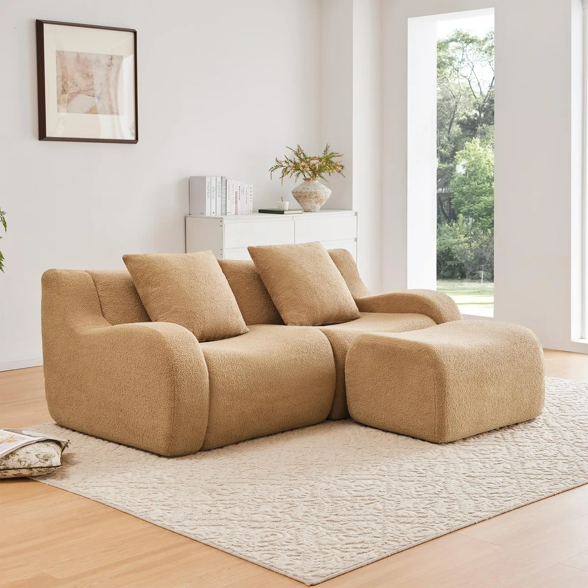 Camel L-shaped teddy fabric two-seat boneless sofa with curved armrests