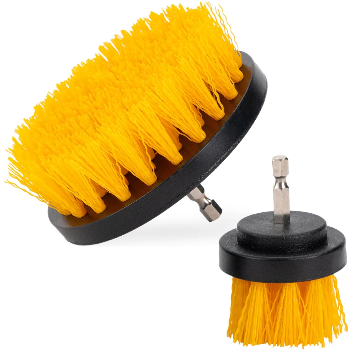 Two black and yellow drill brush attachments with nylon bristles and quarter-inch metal shafts