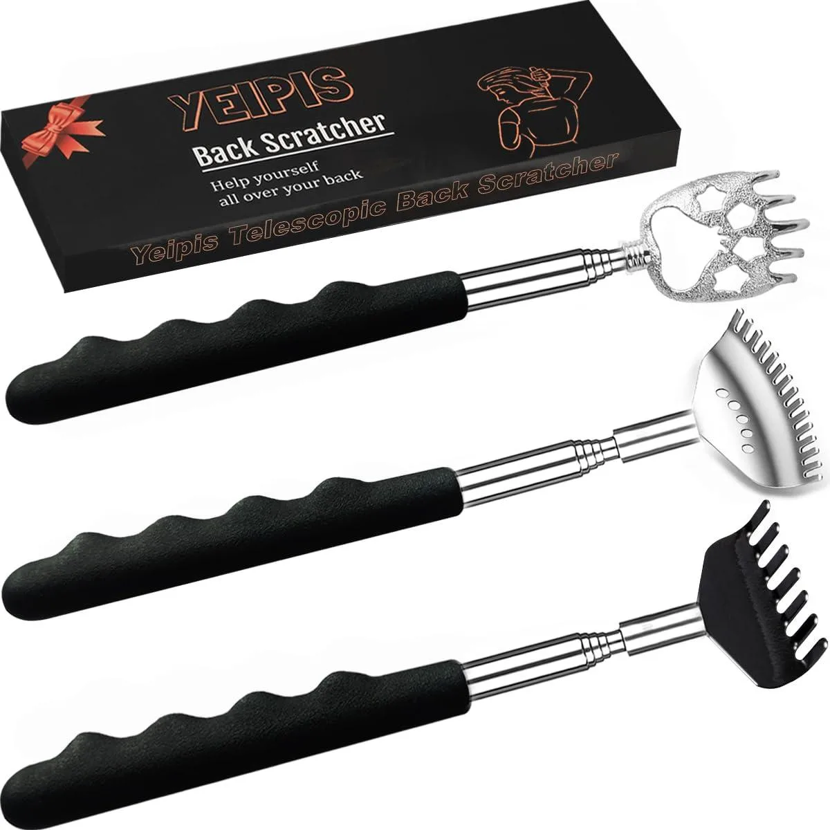 Three black telescopic metal back scratchers with rubber grips, bear claw and rake claw heads, collapsed in box