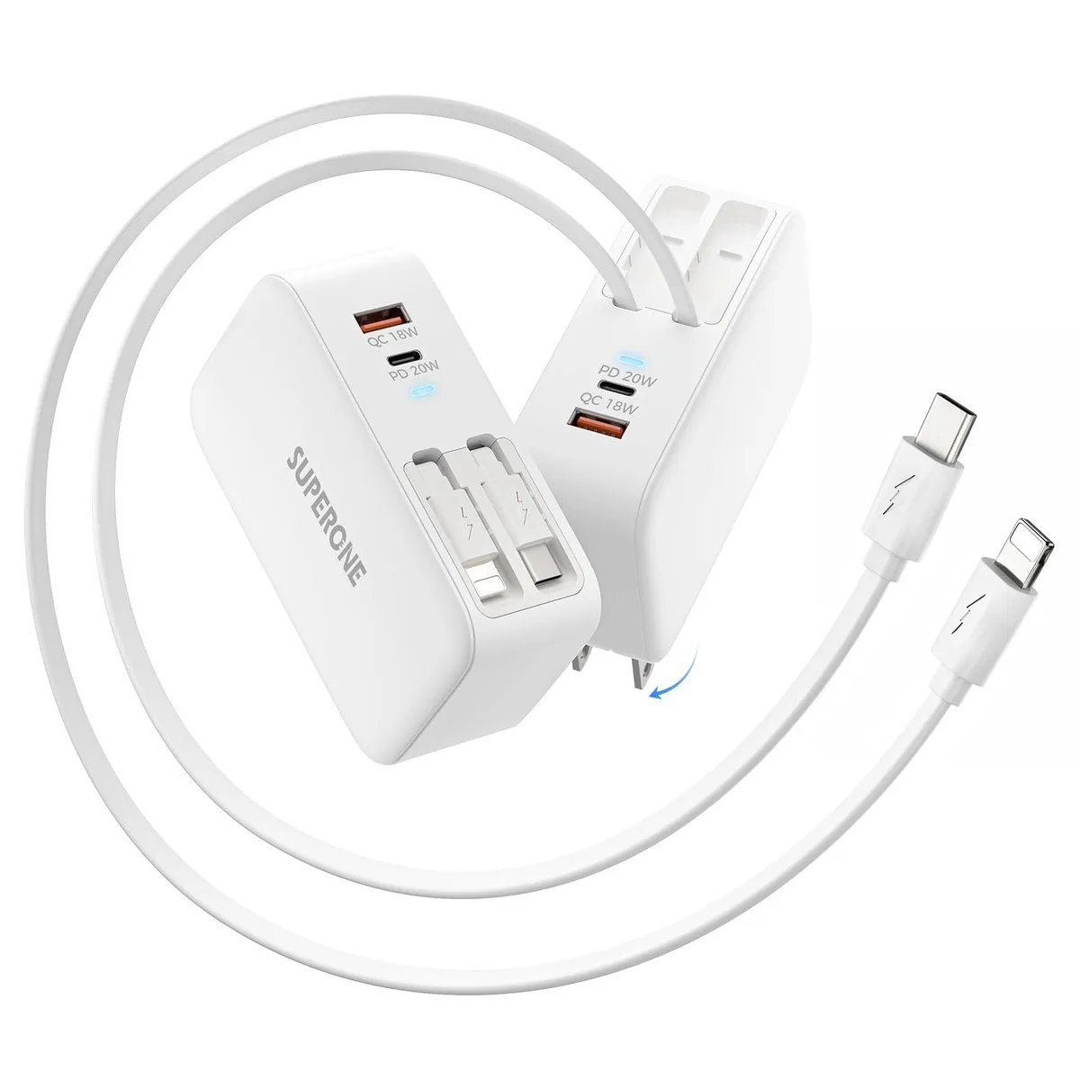 White wall charger block with two retractable cables extended, USB-C and Lightning connectors visible