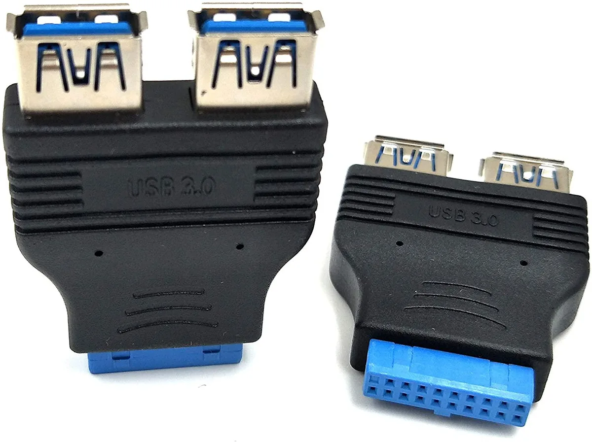 Two blue and black USB 3.0 female to 20 pin header adapters