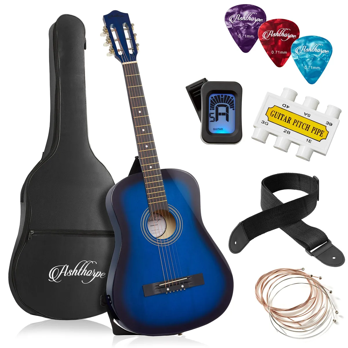 Ashthorpe Ashthorpe 38-inch Beginner Acoustic Guitar Blue Starter Kit — product photo