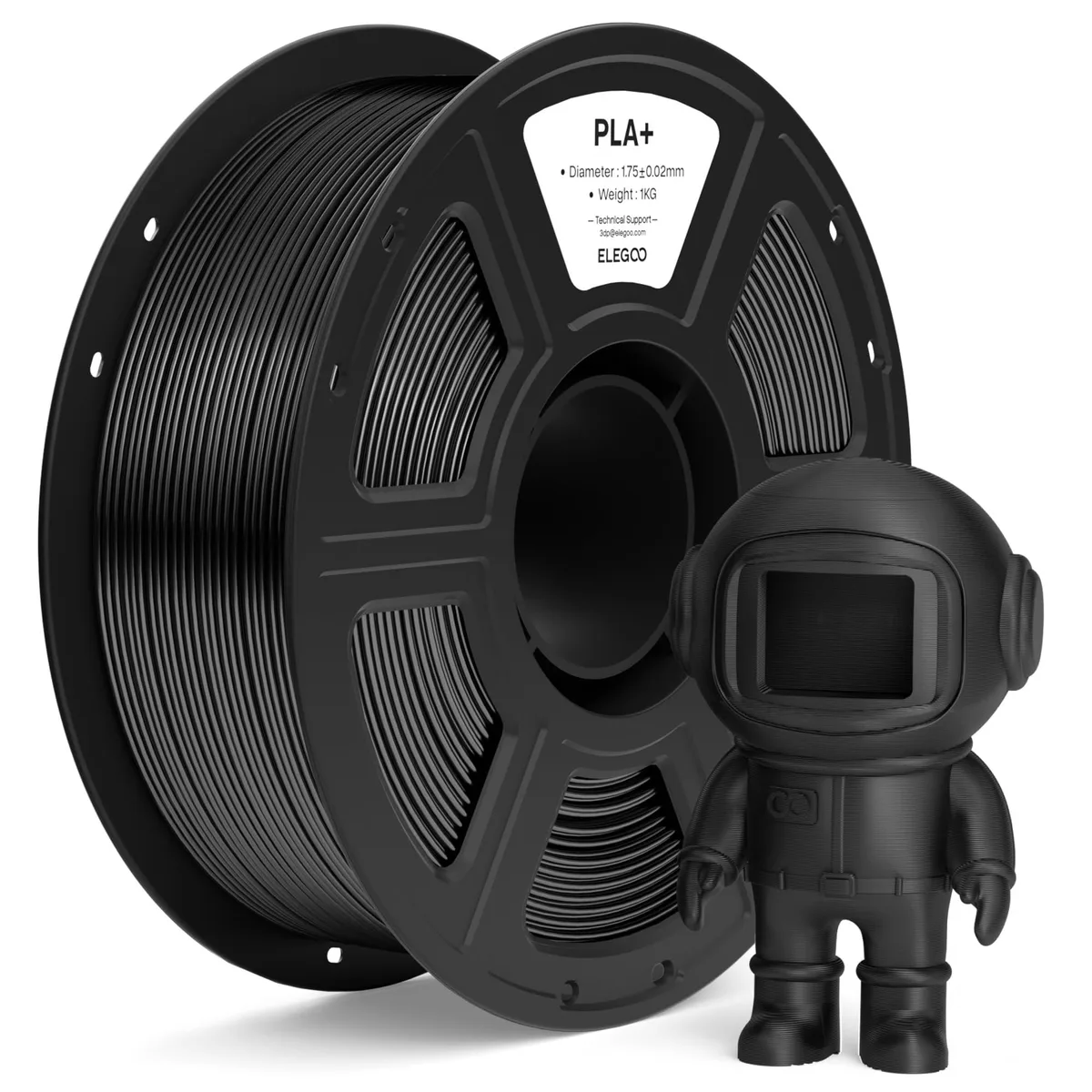 Black 1.75 mm PLA+ filament spool, 1 kg, matte finish