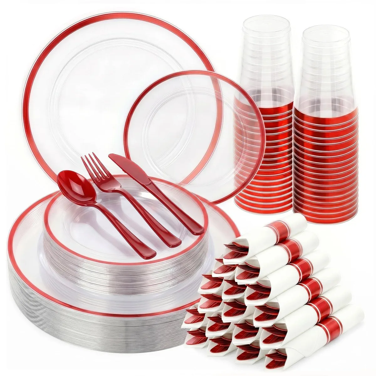 Clear plastic dinner plates with red rims, stacked with matching cutlery and cups