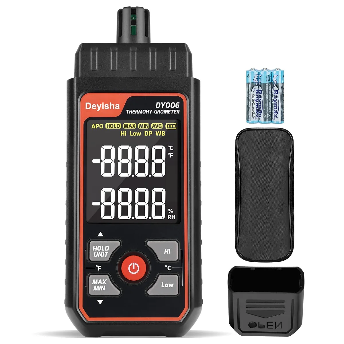 Black handheld digital hygrometer thermometer with LCD display