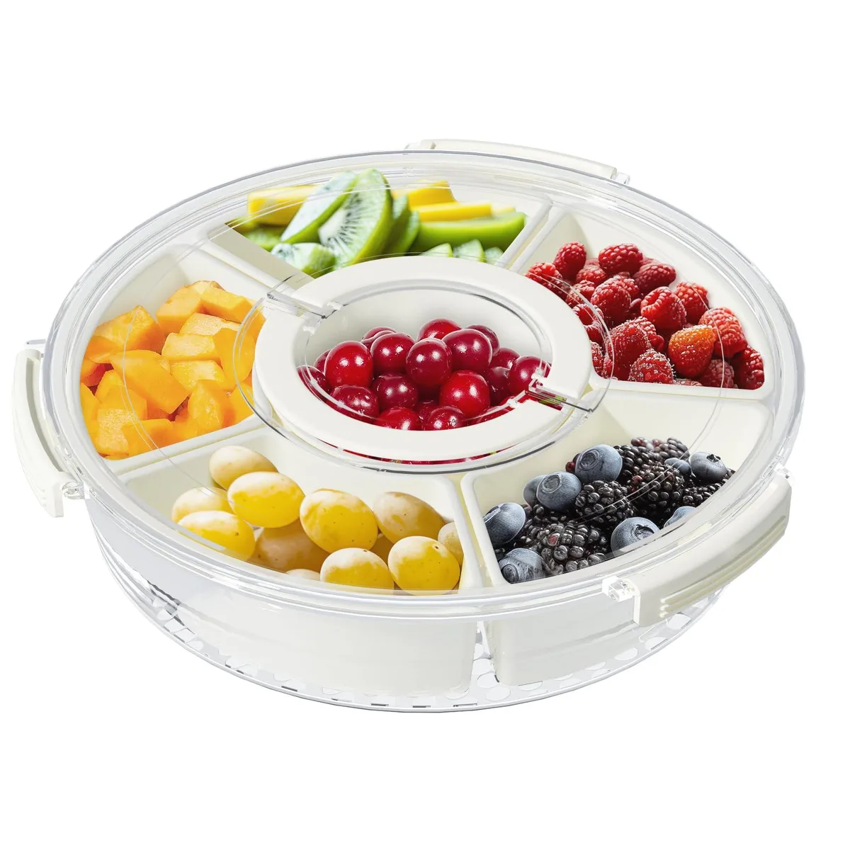 Red silicone food storage box with six removable compartments, foldable handle and latched lid