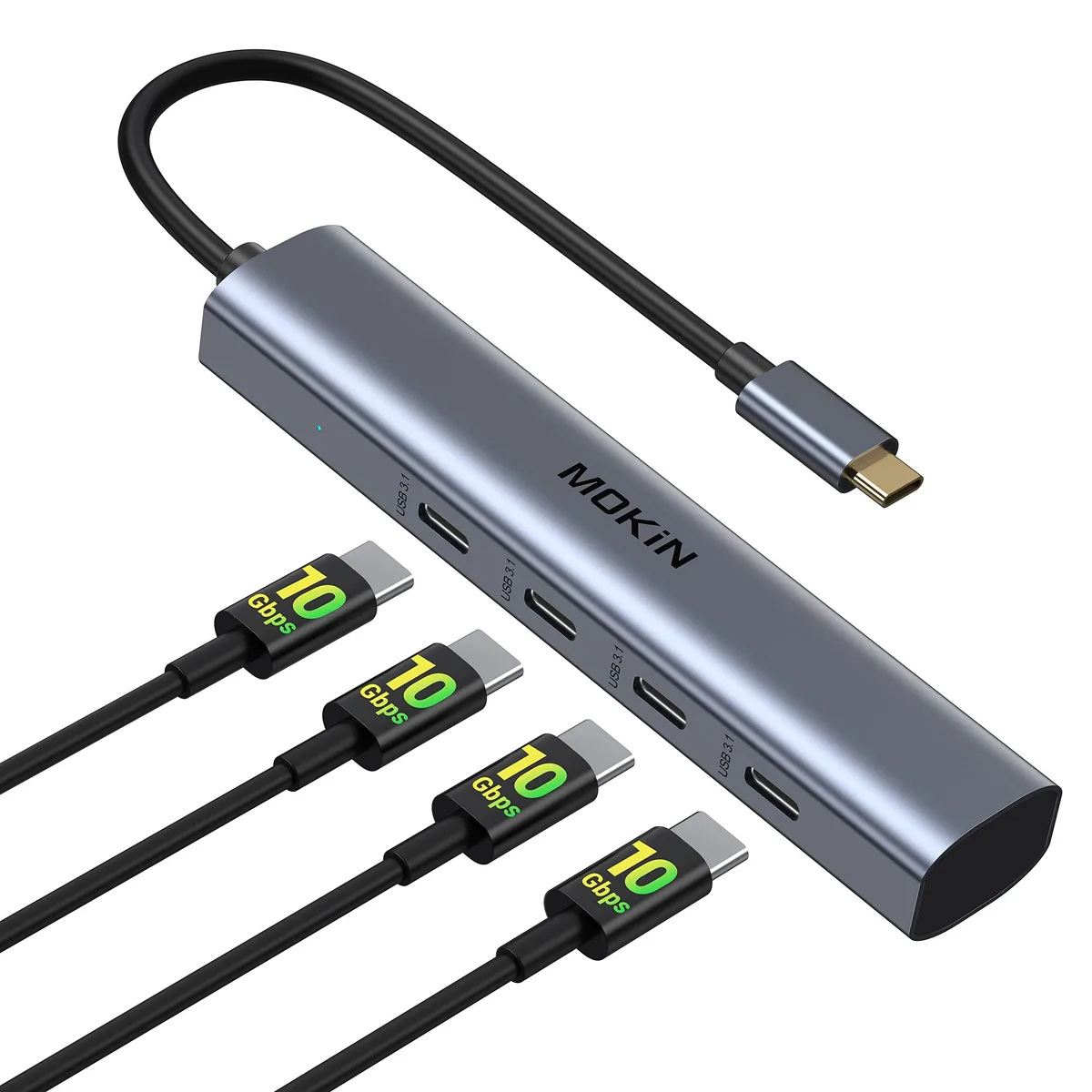 Compact aluminum USB-C hub with four ports, 4.8 by .9 by .6 inches, .13 lbs