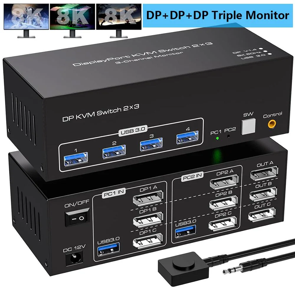 Compact black KVM switch with front buttons, LED indicators and wired remote control