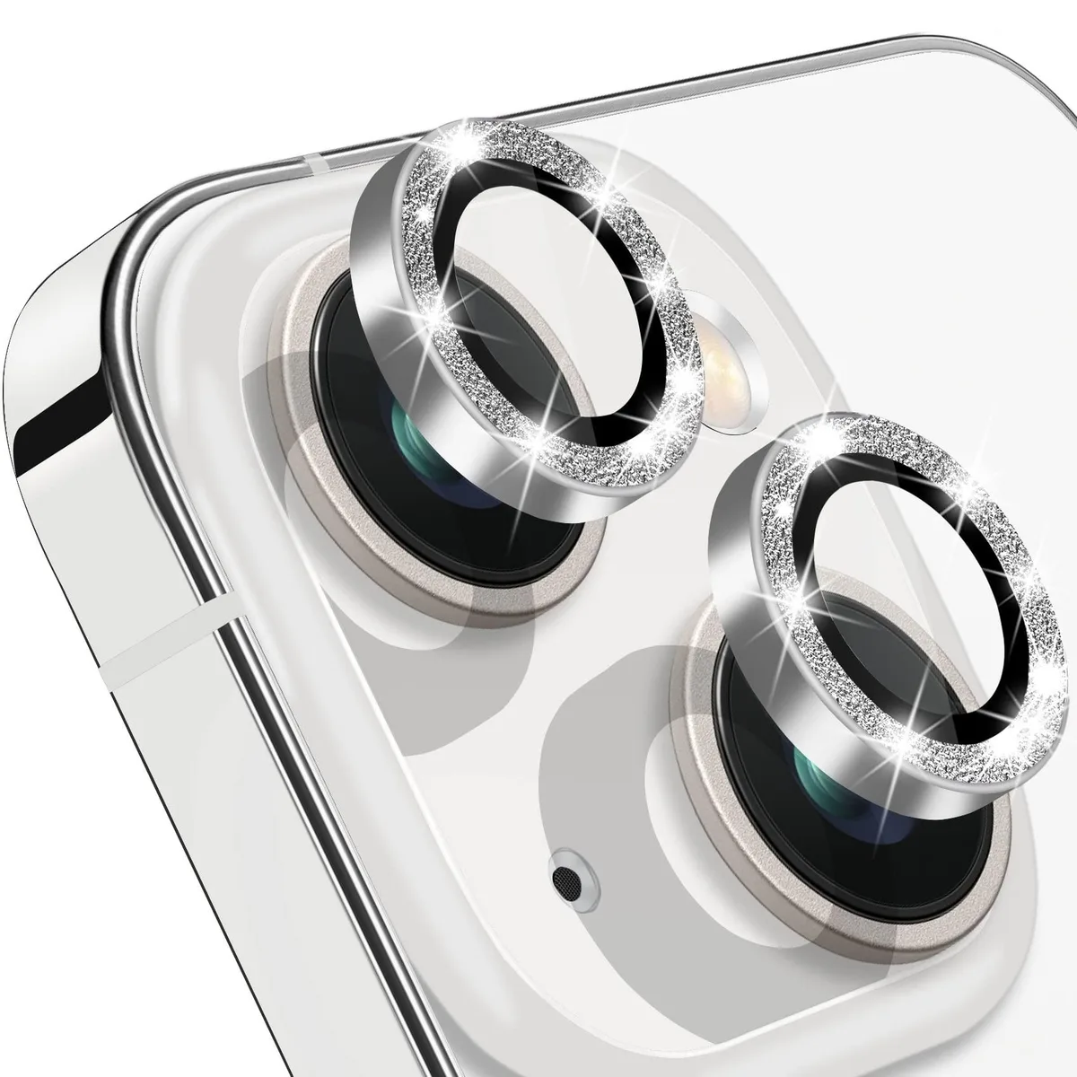  Hsefo iPhone 15 &amp; 15 Plus Camera Lens Cover 2PCS Full Silver Glitter — product photo