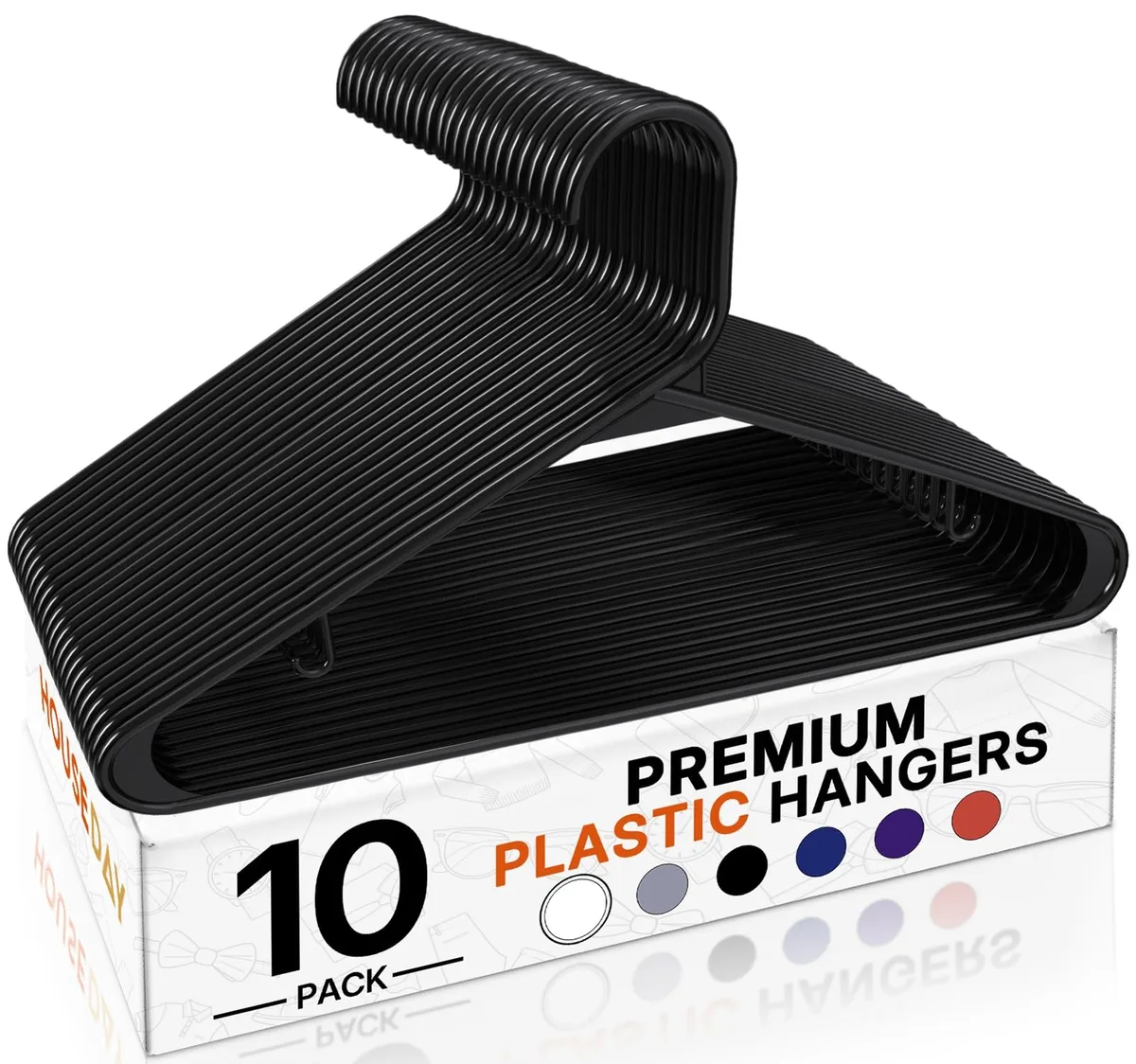Ten black slim plastic clothes hangers with smooth finish and open hooks