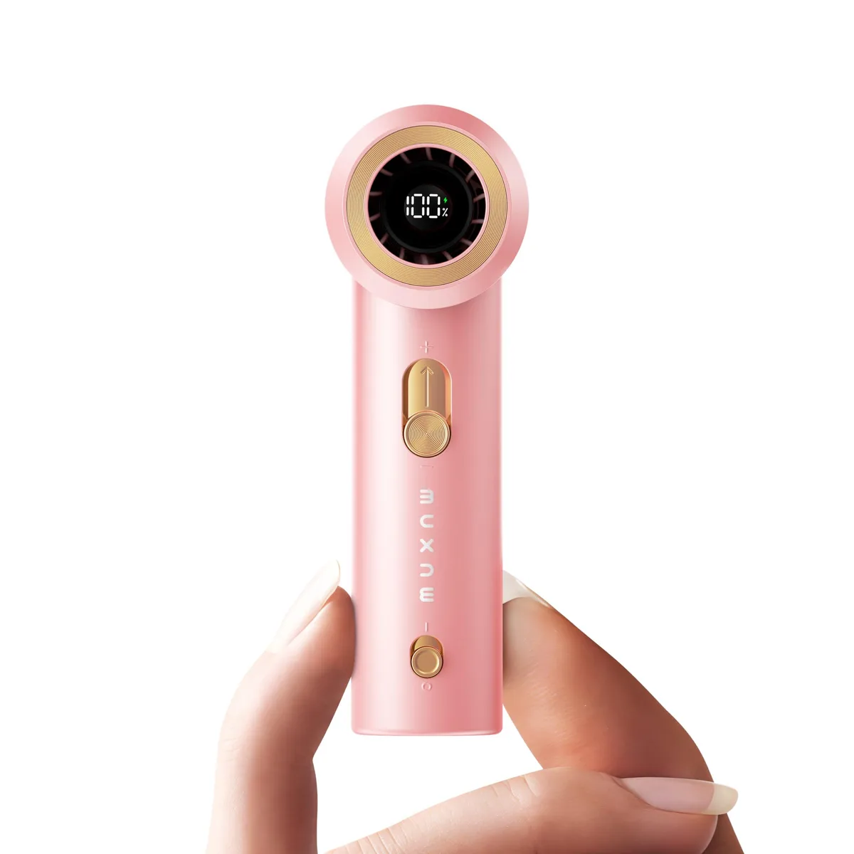 Pink handheld mini fan with silver finish, digital display, bladeless design