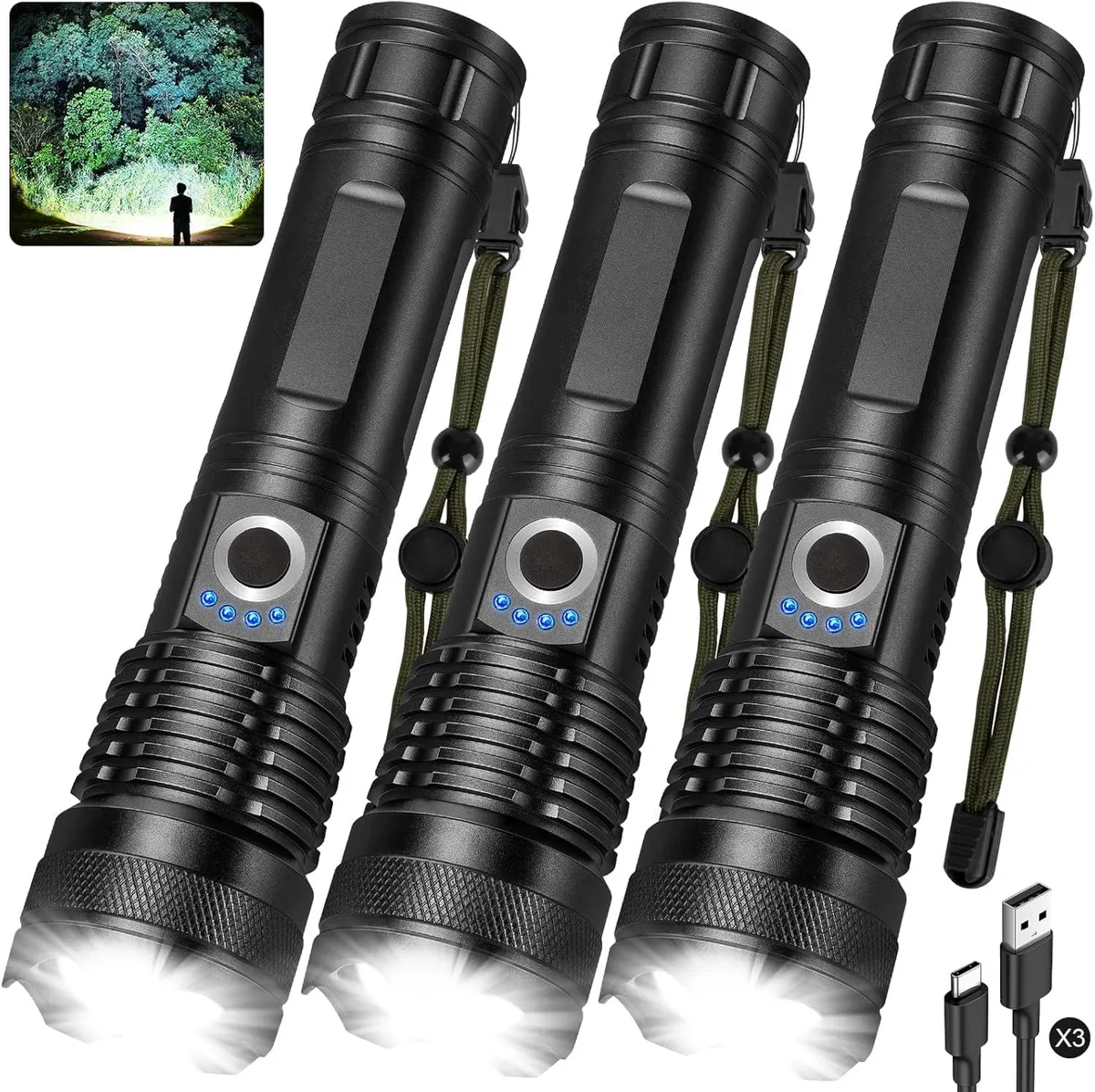 Three black aluminium LED flashlights in a pack, compact cylindrical shape with USB-C ports