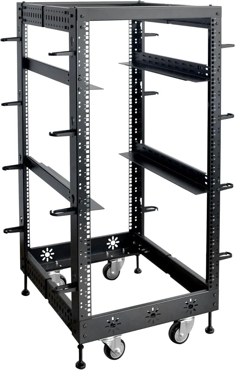 Black 22U 19-inch floor-standing server rack with adjustable 24 to 38 depth and casters