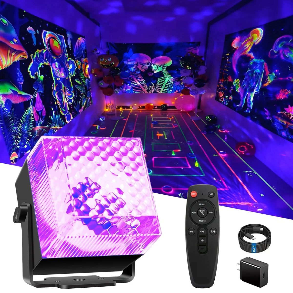 Black ABS cube 3.9 by 3.4 inches with disco ball and RGB night light sections USB Type-C power remote included