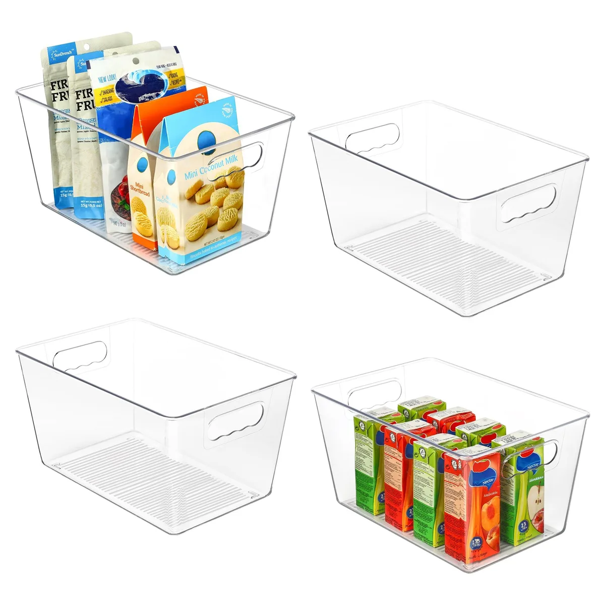 Four clear rectangular plastic bins with built-in handles