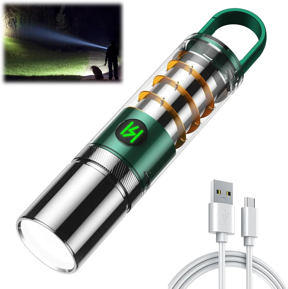Cylindrical black flashlight with textured grip and USB port