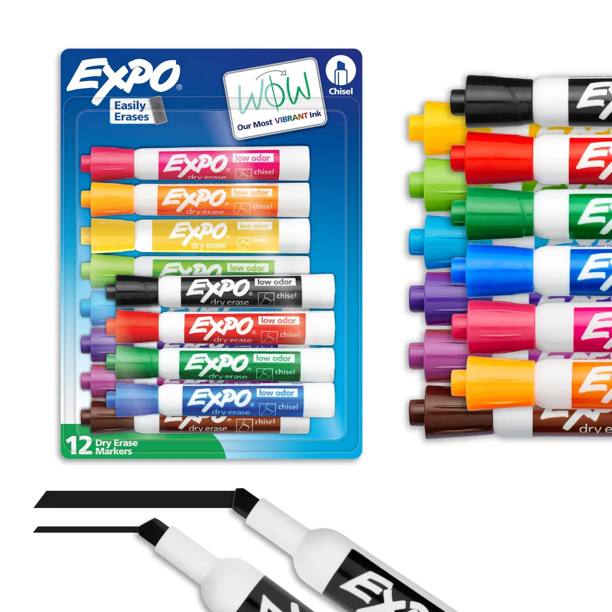  EXPO Dry Erase Markers Low Odor Assorted Colors Chisel Tip 12 Count — product photo
