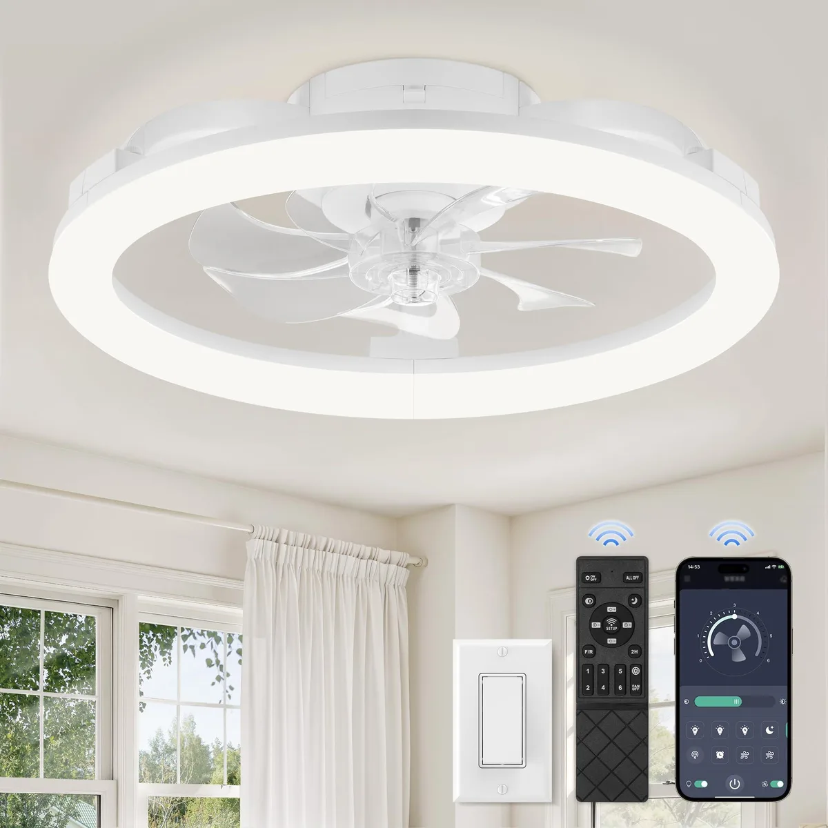 White low-profile ceiling fan with seven black blades, acrylic light diffuser, remote and app control, 20 inch diameter, 3 inch height