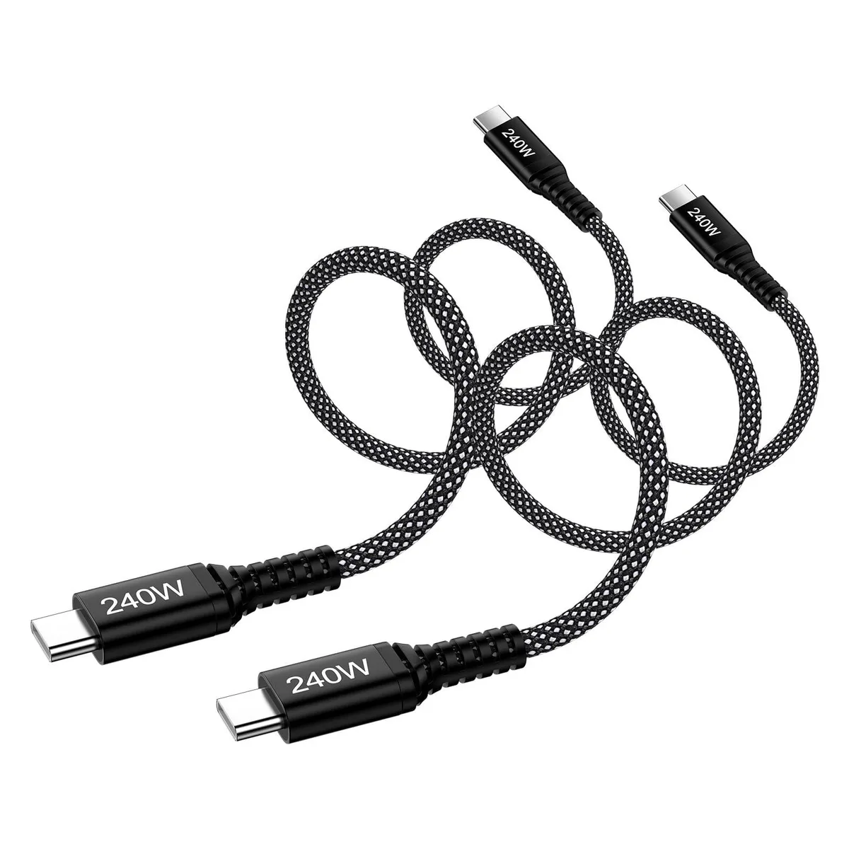 Two black USB-C to USB-C cables, six feet long, male-to-male connectors, nylon braided finish