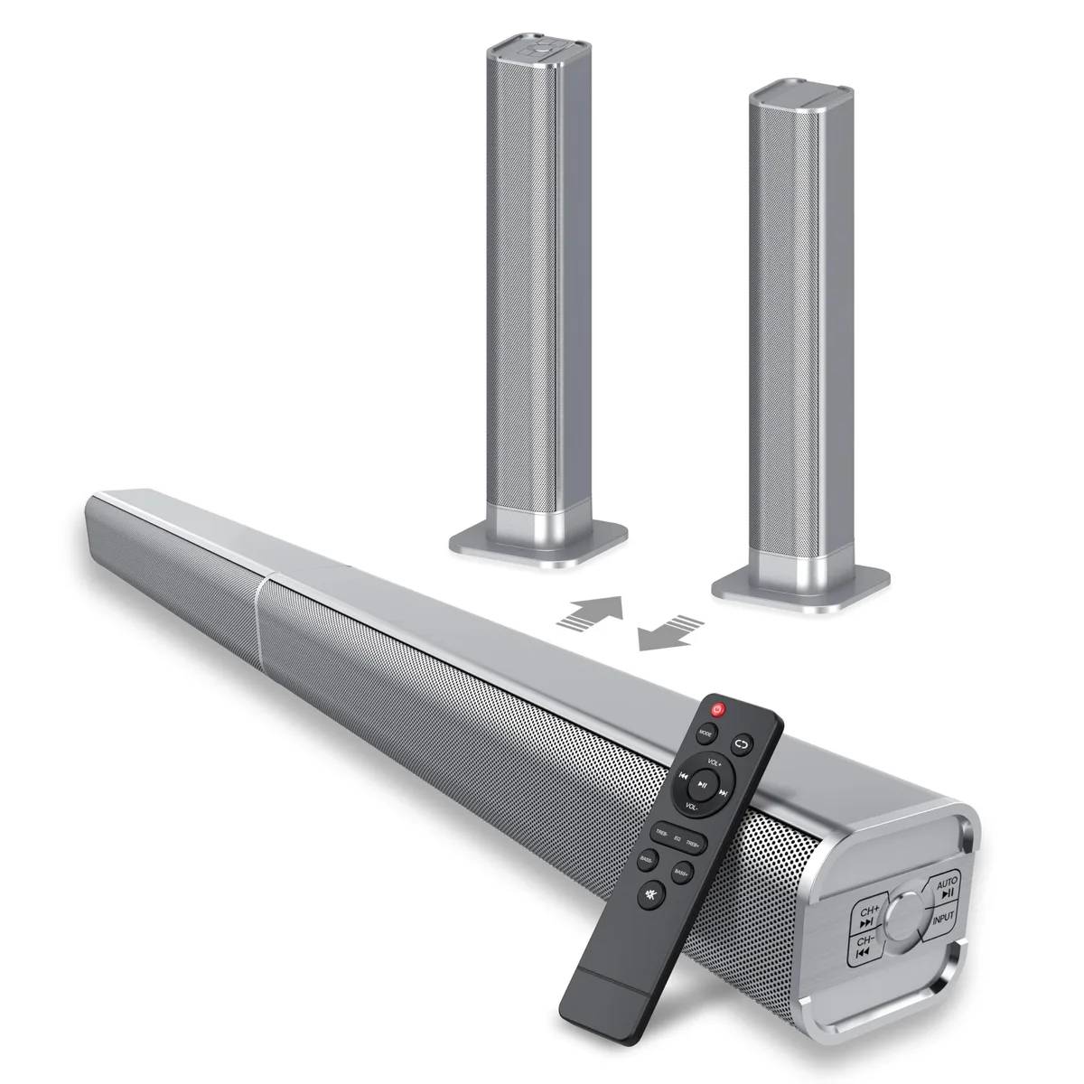 Silver detachable 2.1 soundbar splits into two floor speakers