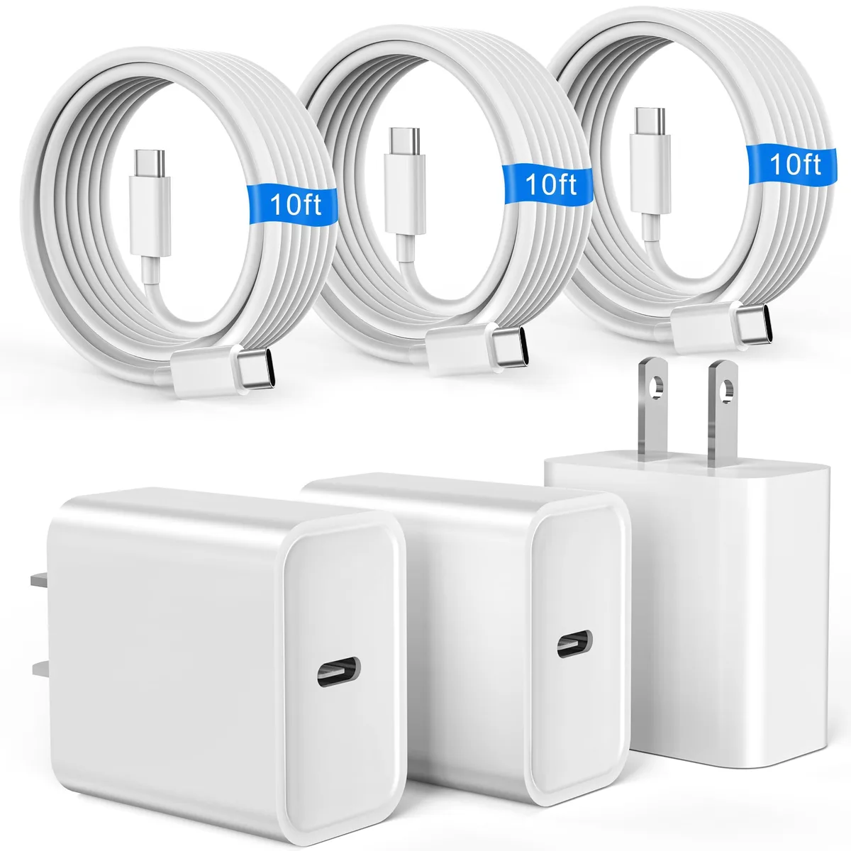 Three white USB-C wall chargers with three long white USB-C cables coiled beside them