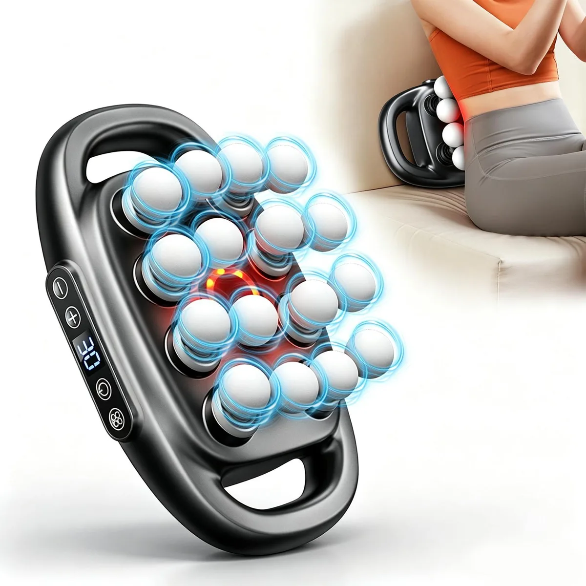 Grey cordless massage gun with sixteen interchangeable heads, compact rectangular shape, matte plastic finish
