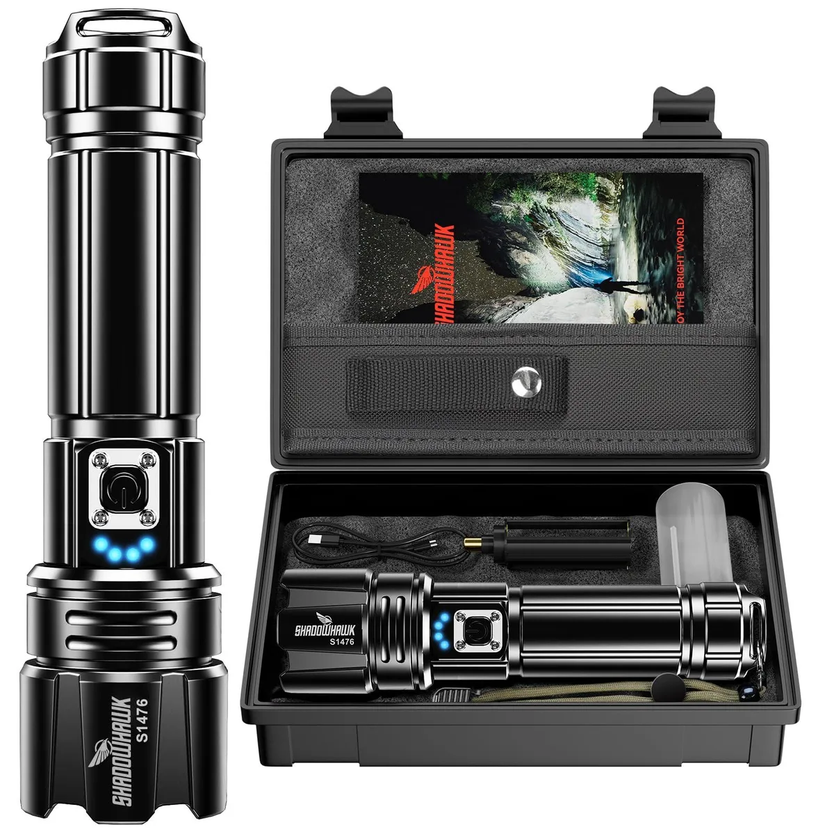Black cylindrical aluminium flashlight with adjustable focus head and USB-C ports