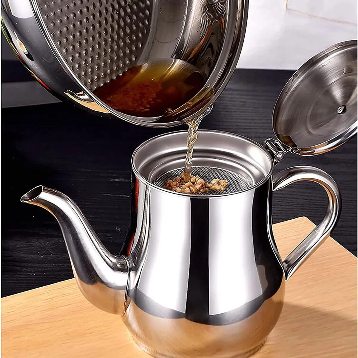 Stainless steel oil filter pot with fine mesh strainer lid and spout