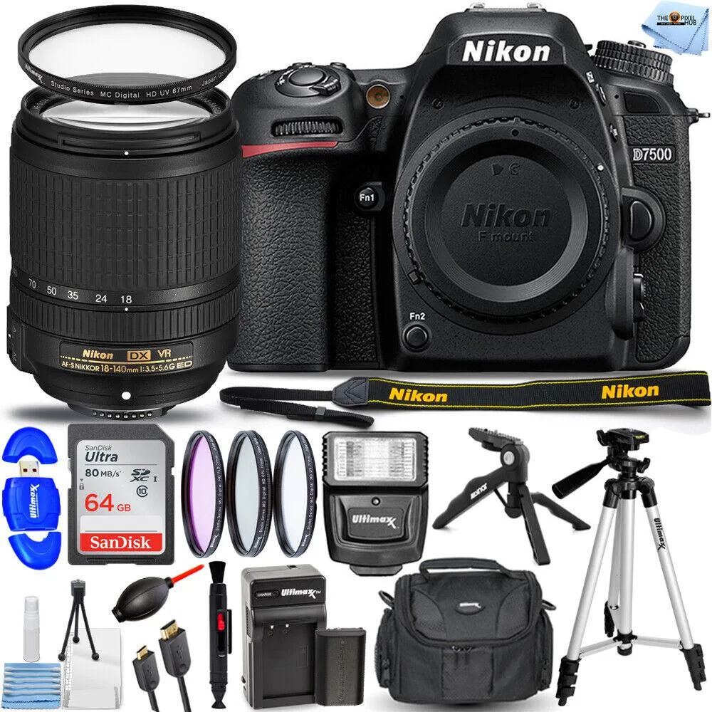 Nikon Global Nikon Global D7500 DSLR Camera with 18-140mm Lens + 64GB + Filter Kit + Flash Bundle — product photo