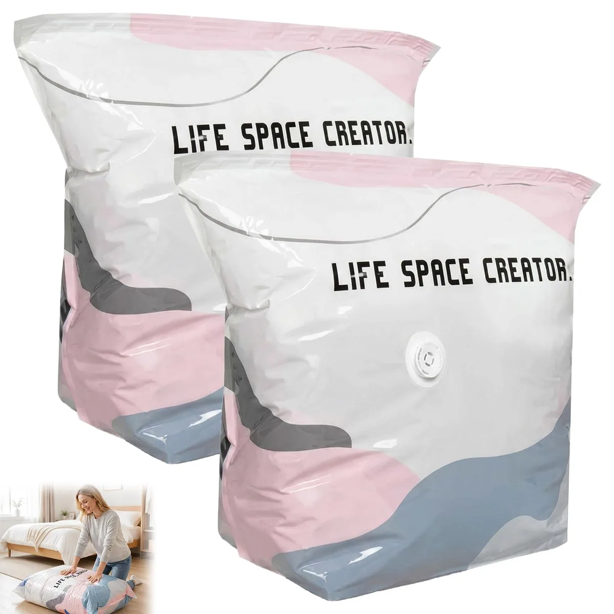 Two large flat transparent storage bags with valve and double-zip seal lying flat