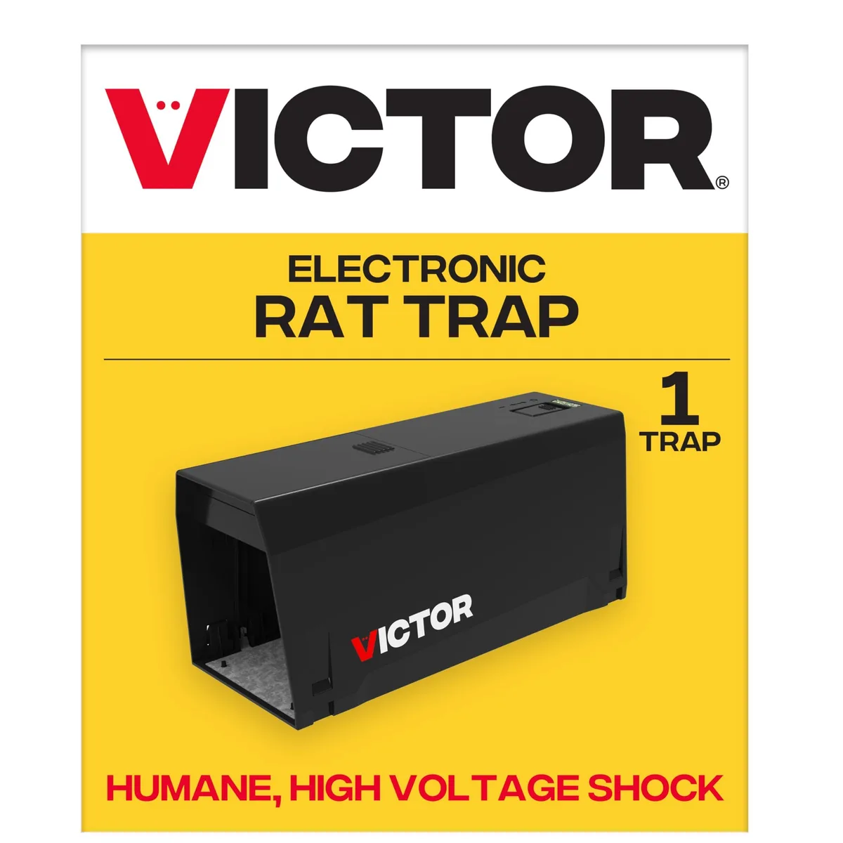 A rectangular plastic electronic rat trap with LED indicator lights and a bait chamber