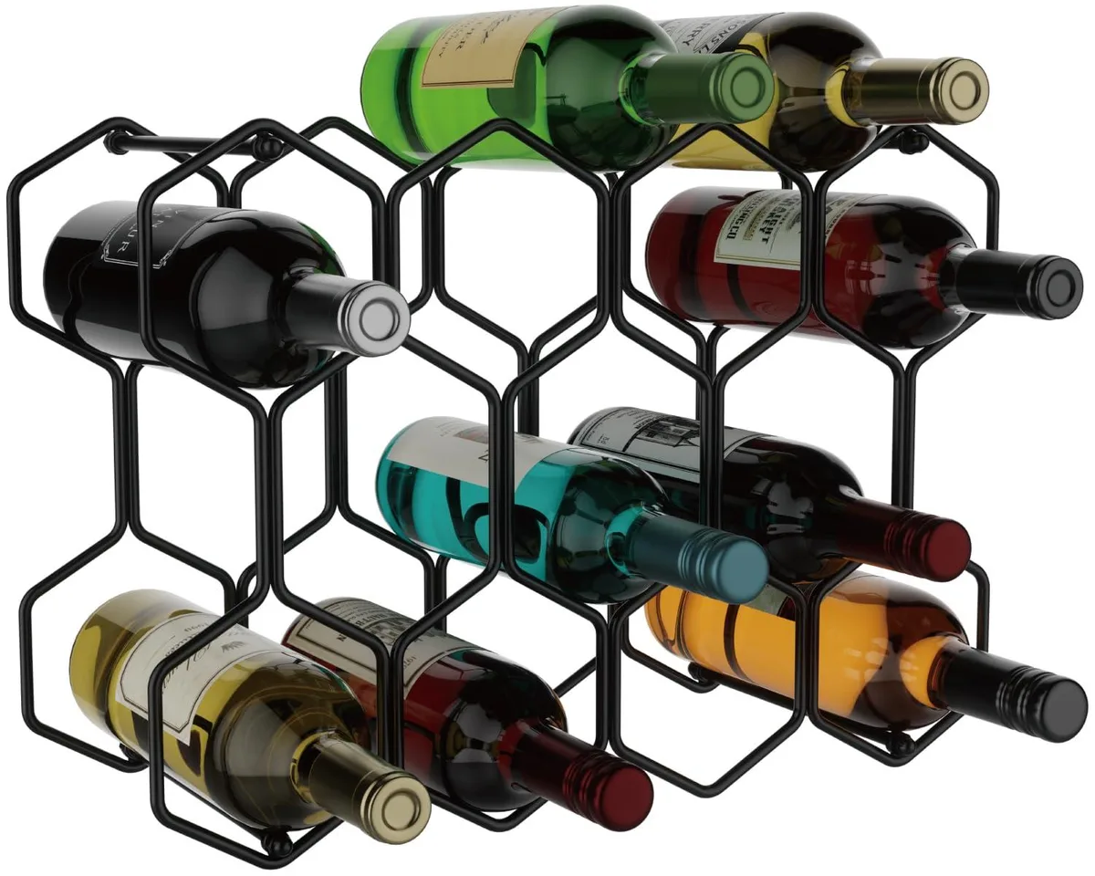Black metal countertop wine rack with 14 bottle slots geometric design 17.2 by 6.5 by 11.6 inches
