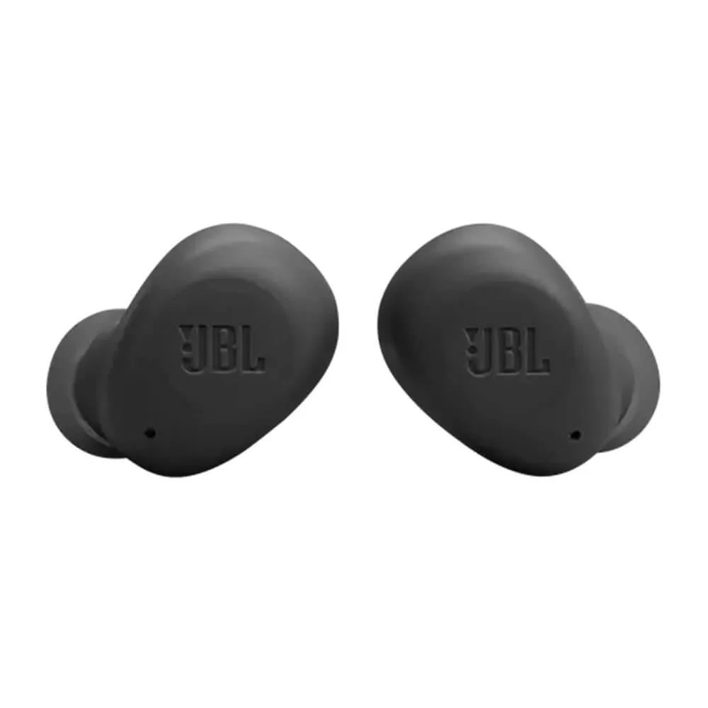 Black true wireless earbuds in a matching charging case