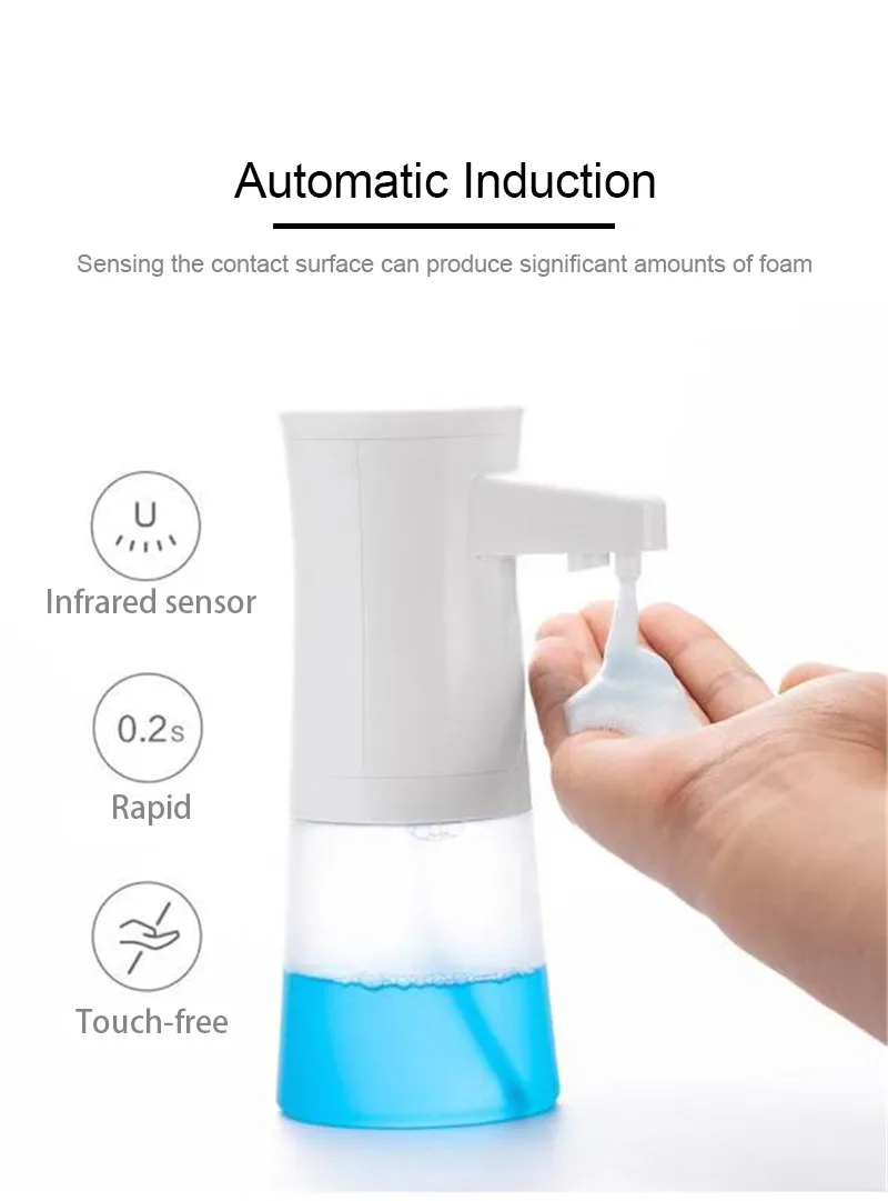 Glossy white foaming soap dispenser with transparent bottle and infrared sensor 115 by 79 by 193 mm