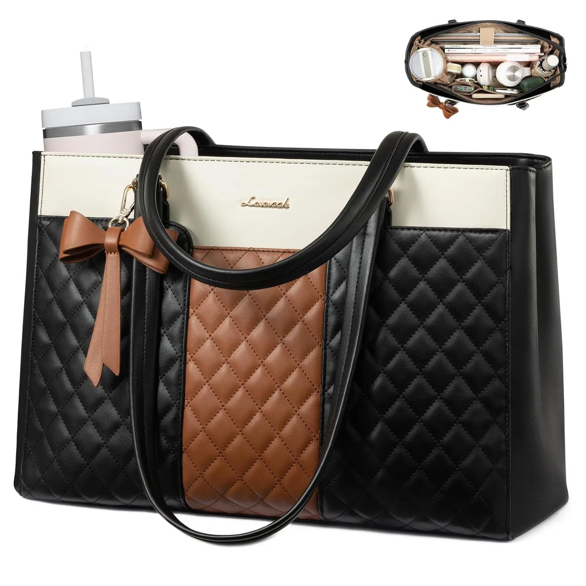 GSM Outdoors GSM Outdoors 2 in 1 accessory quilted tote 15.6 inch laptop 40oz Stanley cup holder — product photo