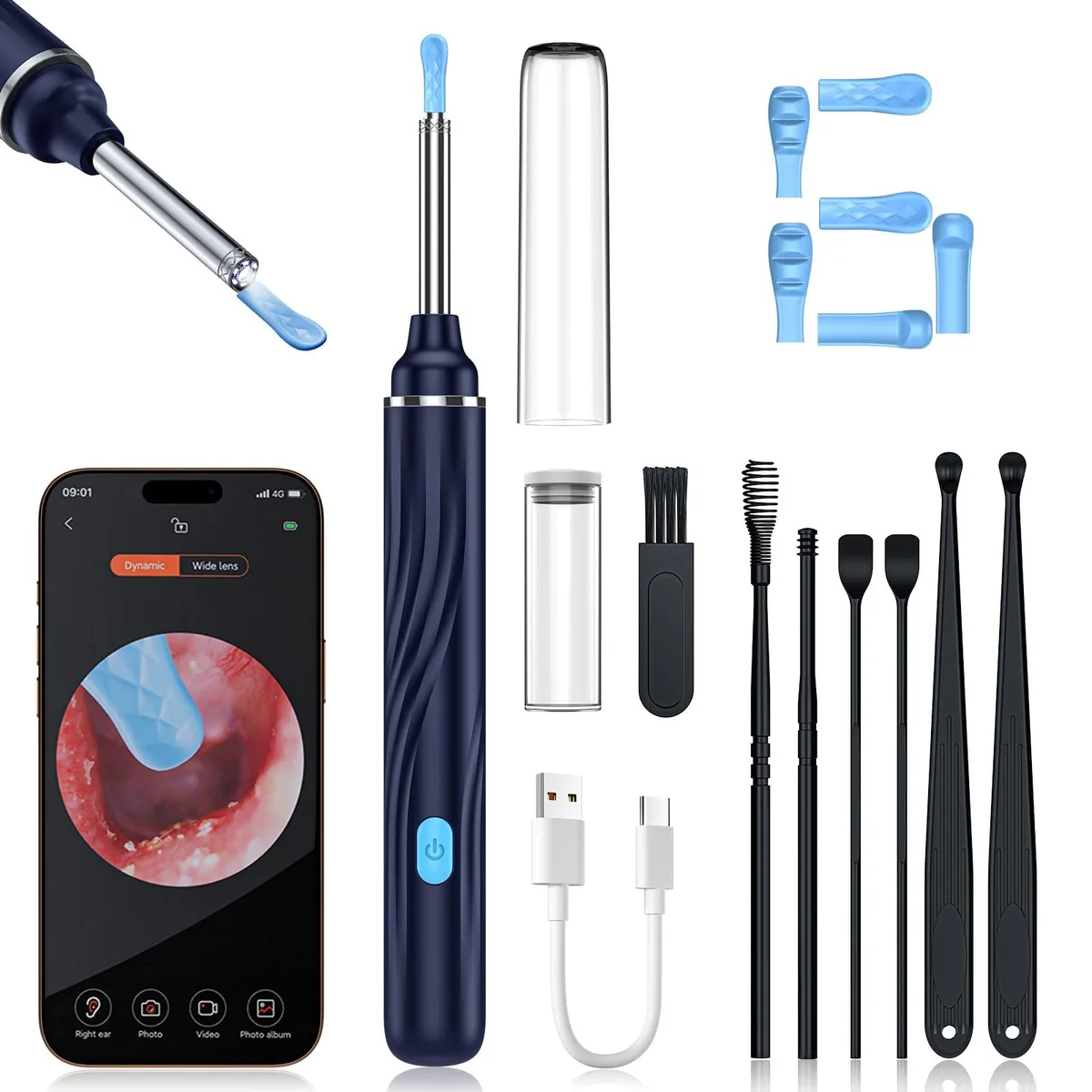 Blue ear camera with slim cylindrical body and six LED lights around the lens