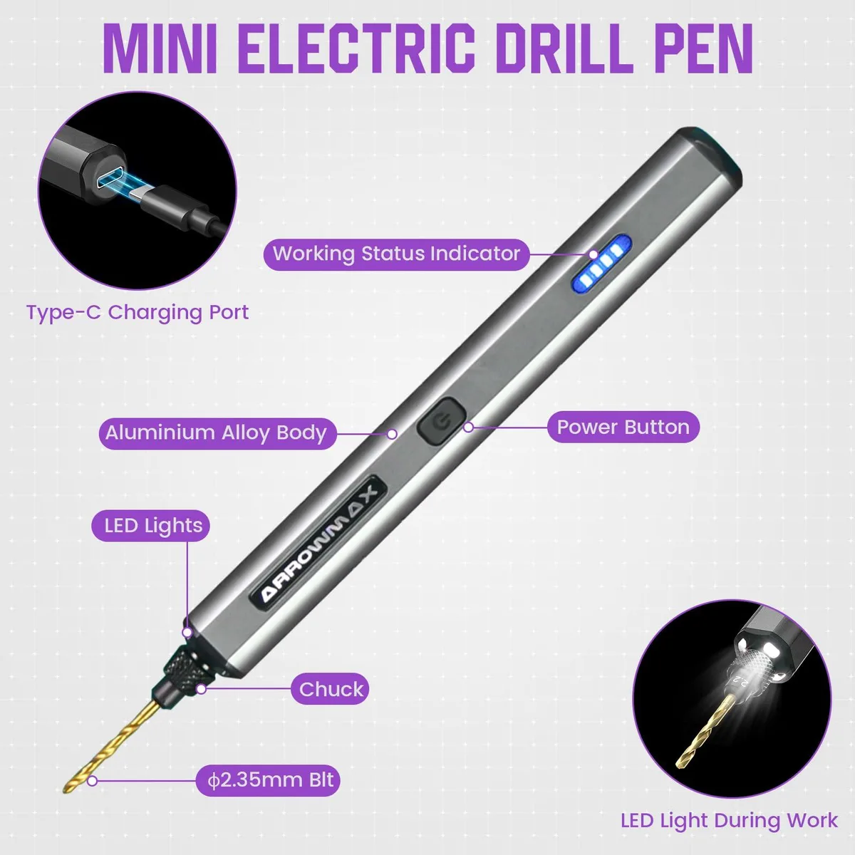  AM ARROWMAX SDS MINI Mini Electric Drill Pen 900 RPM 10 HSS Bits — product photo