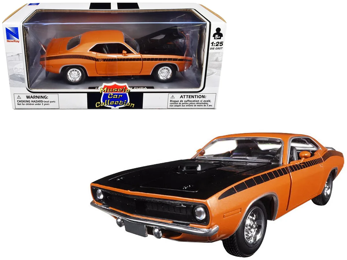 New Ray Toys New Ray Toys 1970 Plymouth Cuda Orange Black Hood Stripes 1/25 Diecast Hobby Collectible — product photo