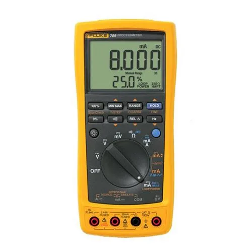 Yellow Fluke 789 digital process calibrator multimeter with LCD display and test leads