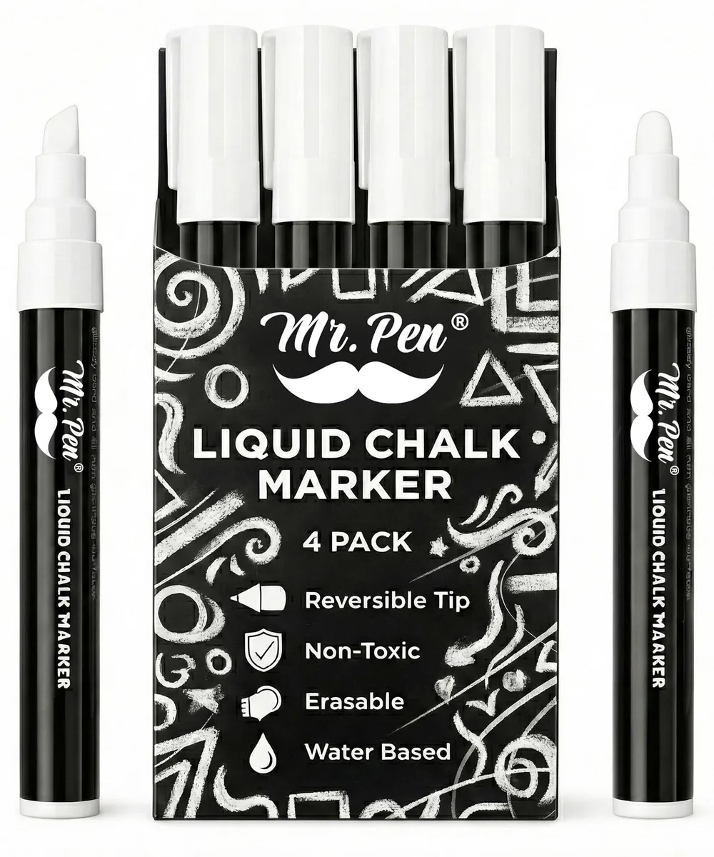 Four white liquid-chalk markers with reversible chisel and bullet tips
