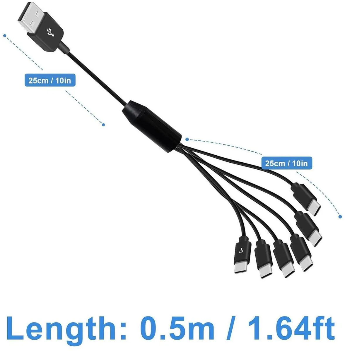 Short USB-A plug fanning into six USB-C connectors on a 1.64 ft black cable