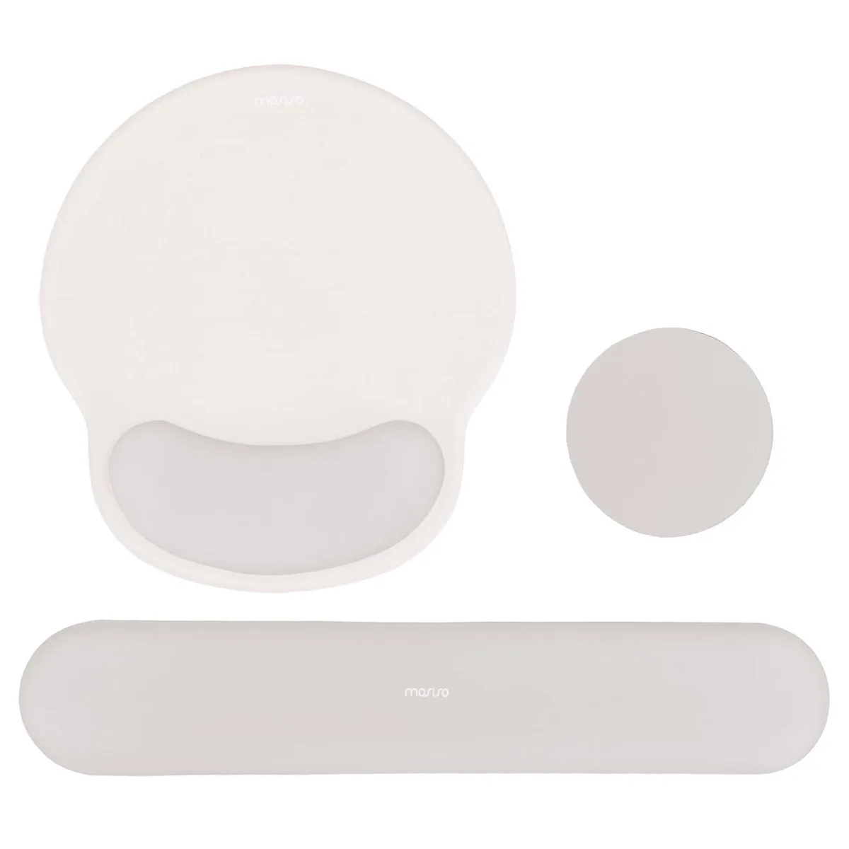 Stone Gray curved mousepad wrist rest, keyboard wrist rest and round coaster set on desk