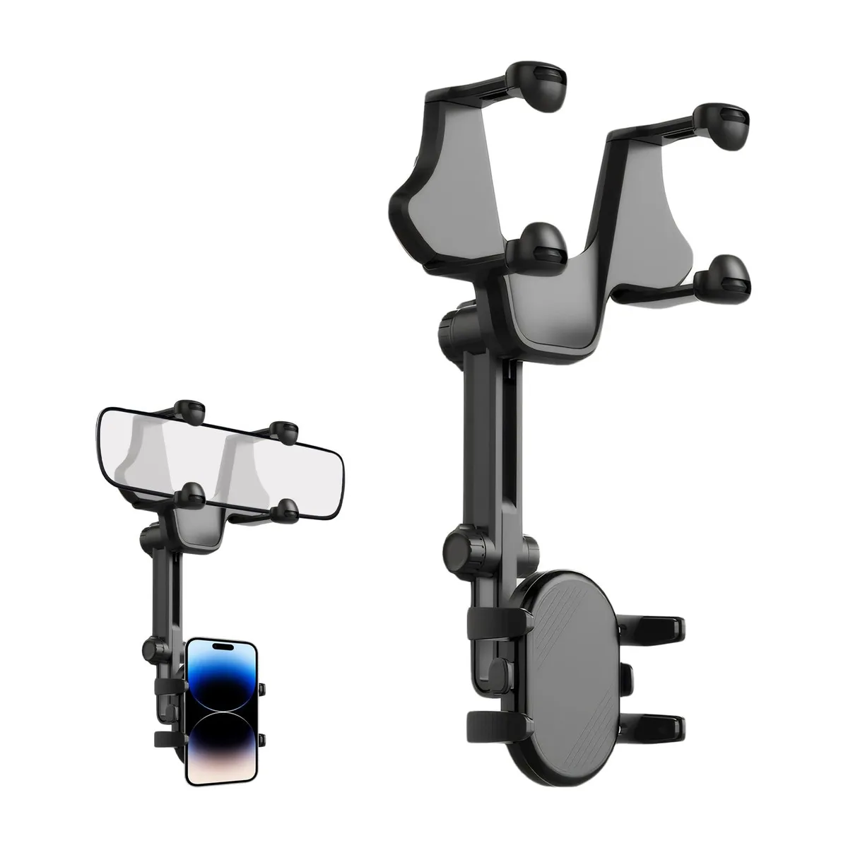 Black retractable phone mount with four claws on a rear-view mirror clamp, matte finish, 360° rotatable arm