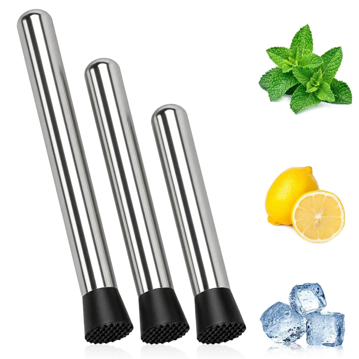 Four stainless steel muddlers and spoons, silver finish, varying lengths