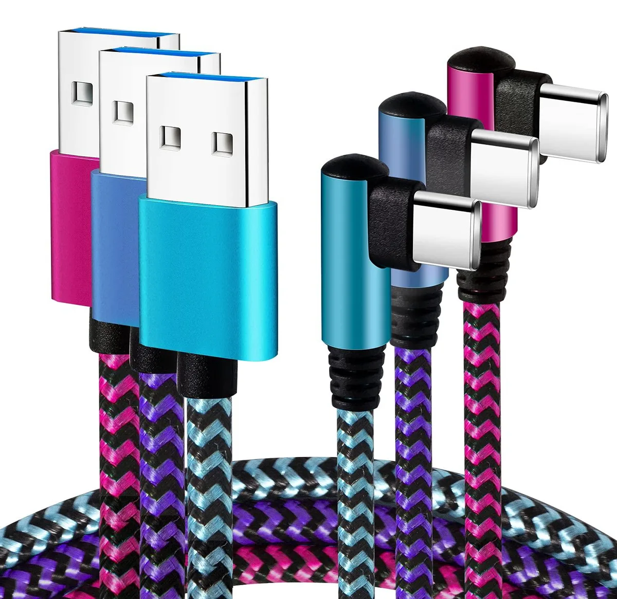 Kootion Kootion USB-C Cable 2.1A 90° 6ft 3-Pack Blue Magenta Purple — product photo