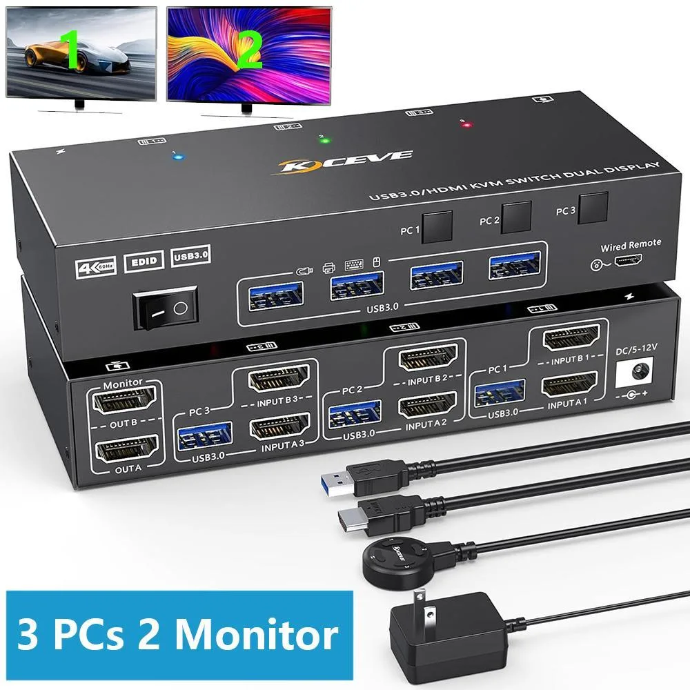 WRIARICH WRIARICH HDMI KVM Switch 3 PCs 2 Monitors 4K@60Hz 4 USB 3.0 — product photo
