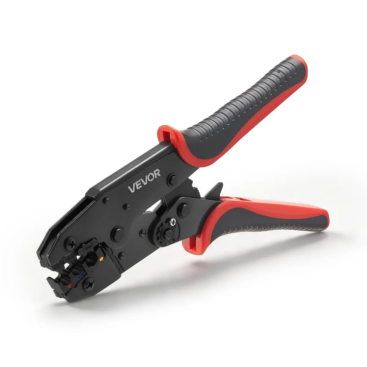 Red ratcheting crimping pliers with metric and AWG markings, quick-release lever, adjustable star wheel, ergonomic non-slip grips
