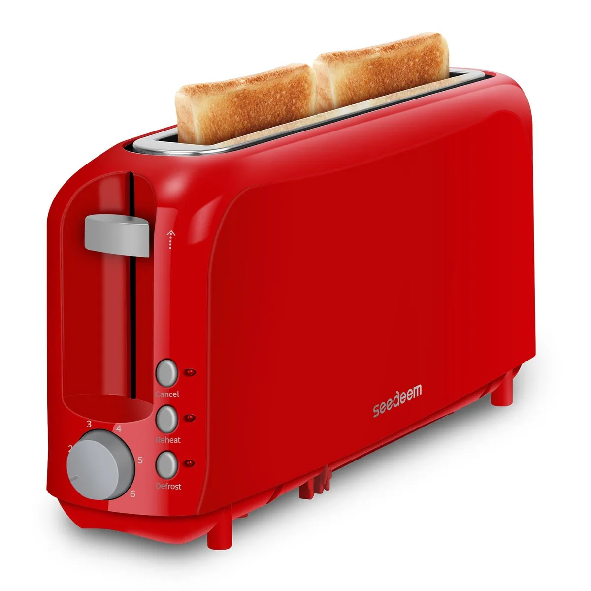 Red slim two-slice toaster with single long slot, plastic body, compact rectangular shape