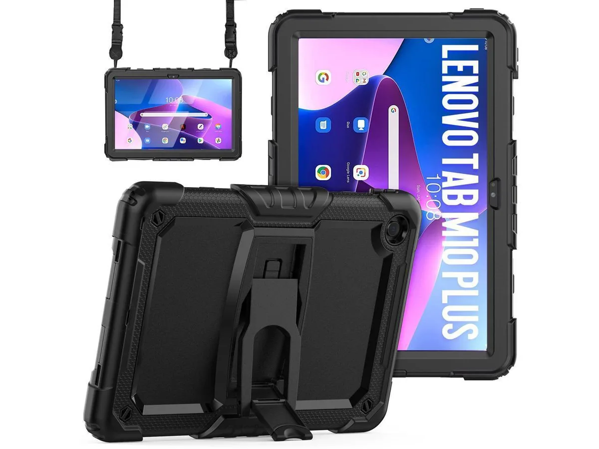 Black shockproof case for 10.6 inch Lenovo Tab M10 Plus with kickstand and shoulder strap
